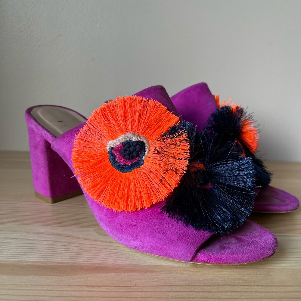 Loeffler Randall Purple Suede Block Heel Mules with Orange & Navy Pom Pom Detail